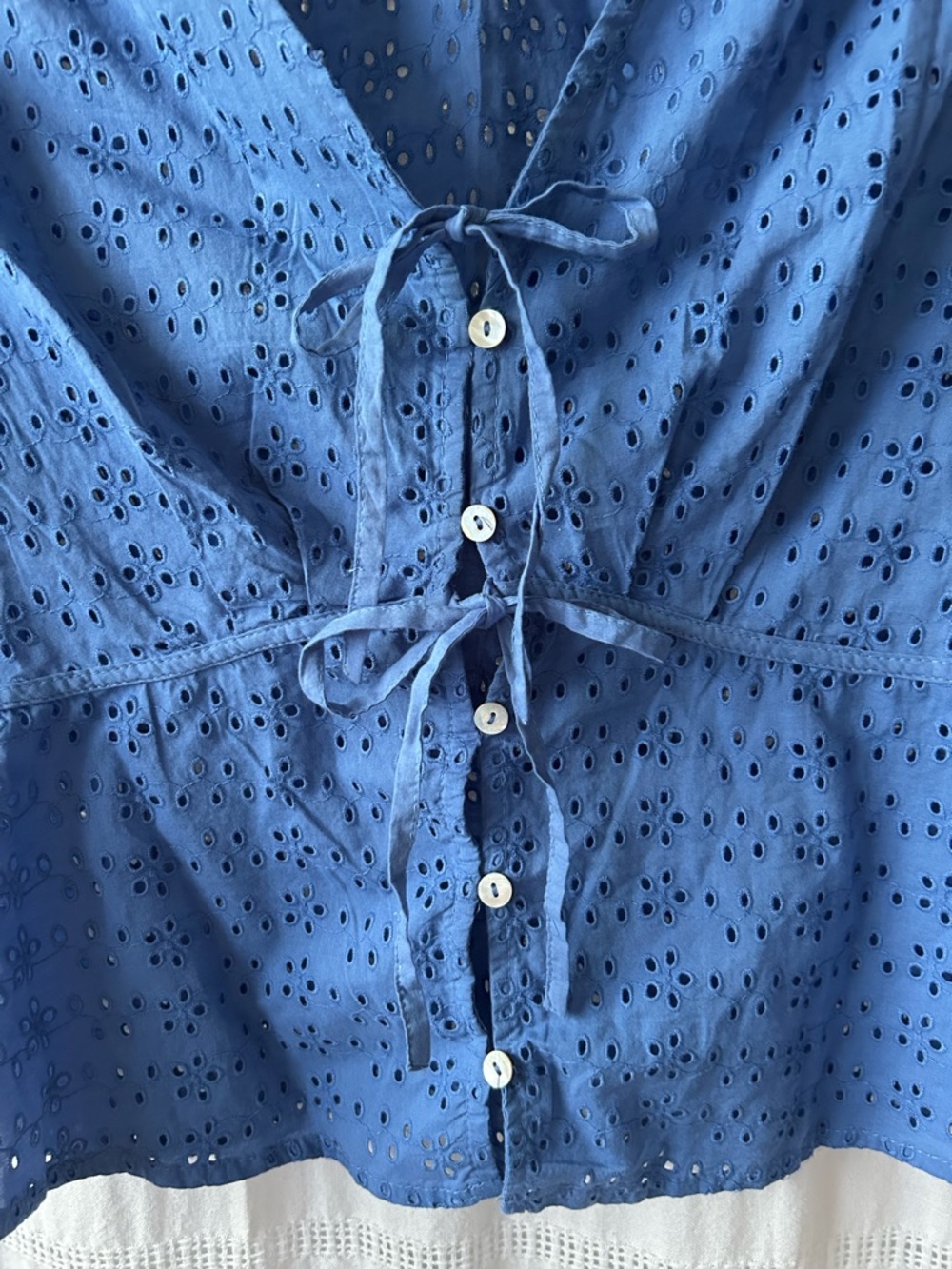 Joie Blue Eyelet Tie-Front Peplum Cotton Blouse - Picture 4 of 6